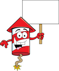 Cartoon illustration of a firecracker holding a sign.