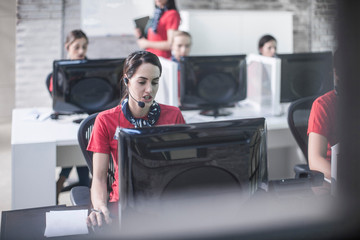 Rows of female telephonists working in call centre