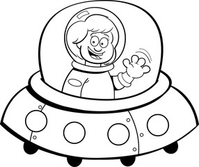Black and white illustration of a girl in a spaceship.