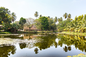 Fototapeta na wymiar Beautiful landscape lake, tropical palm beach. Sri lanka