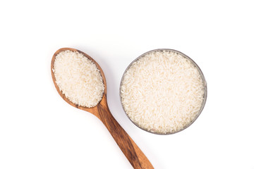 Fototapeta na wymiar Brown wooden spoon and rice isolate on background white