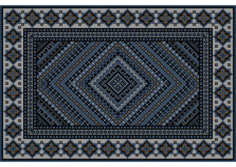 Luxurious vintage oriental rug in blue shades with original pattern in the middle
