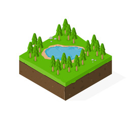Isometric vector illustration of a Countryside forest lake landscape concept.
City break country rural vacation.