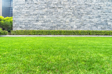 green lawn and office building exterior
