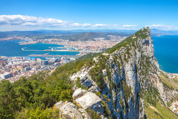 Aerial view of top of Gibraltar Rock. Gibraltar is a territory of South West Europe which is part...