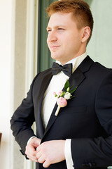 handsome groom in suit with bow tie