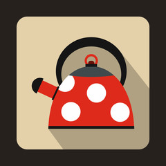 Obraz premium Red kettle with white dots icon in flat style on a beige background