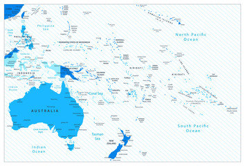 Australia and Oceania detailed map blue colors