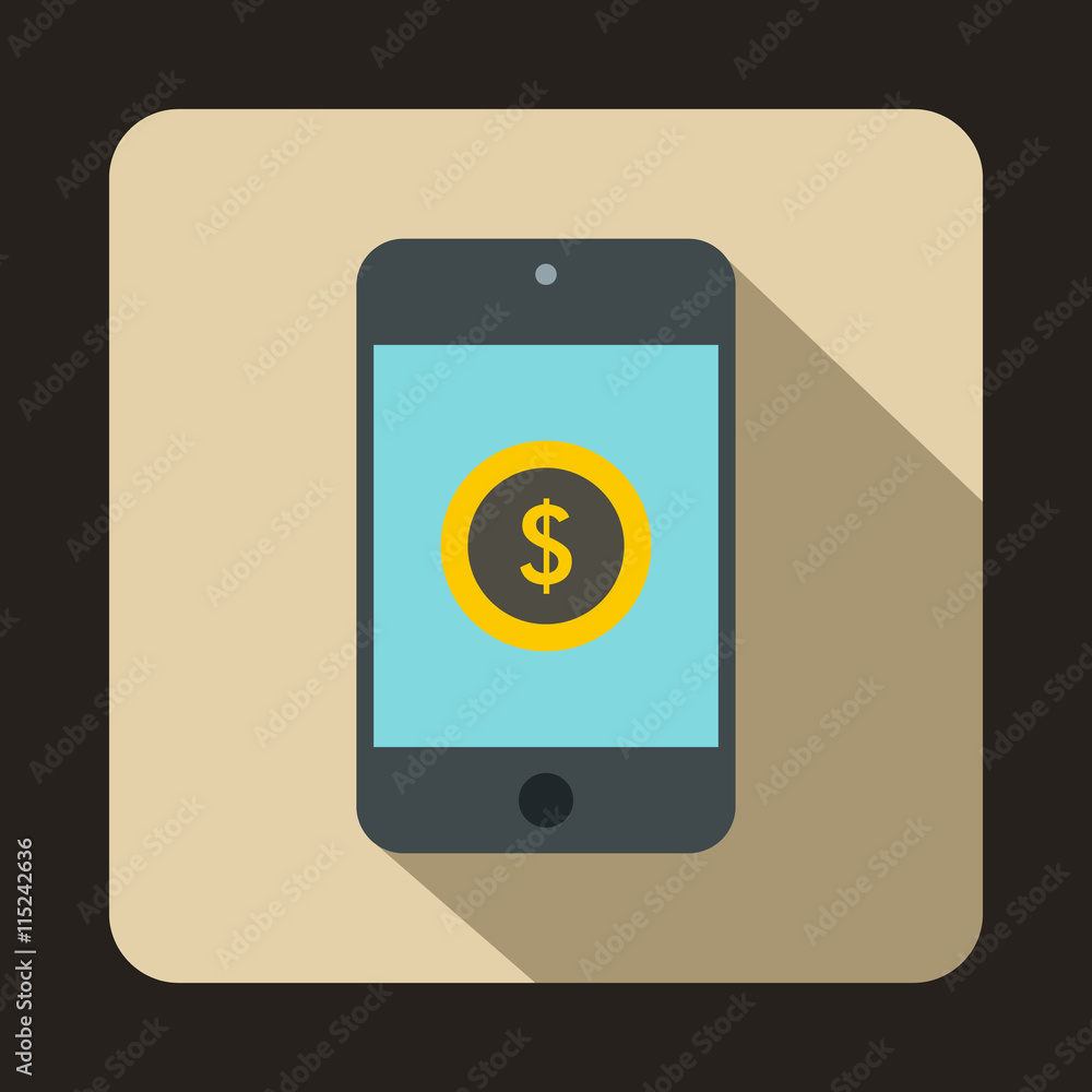 Poster smartphone with dollar sign on display icon in flat style on a beige background