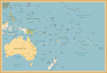 Australia and Oceania detailed political map vintage colors