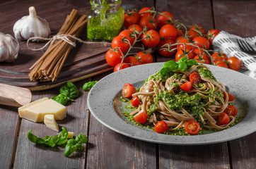Pasta with basil pesto and parmesan