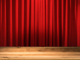 wooden floor with red curtain background
