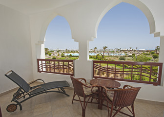 View from the balcony of a tropical resort hotel