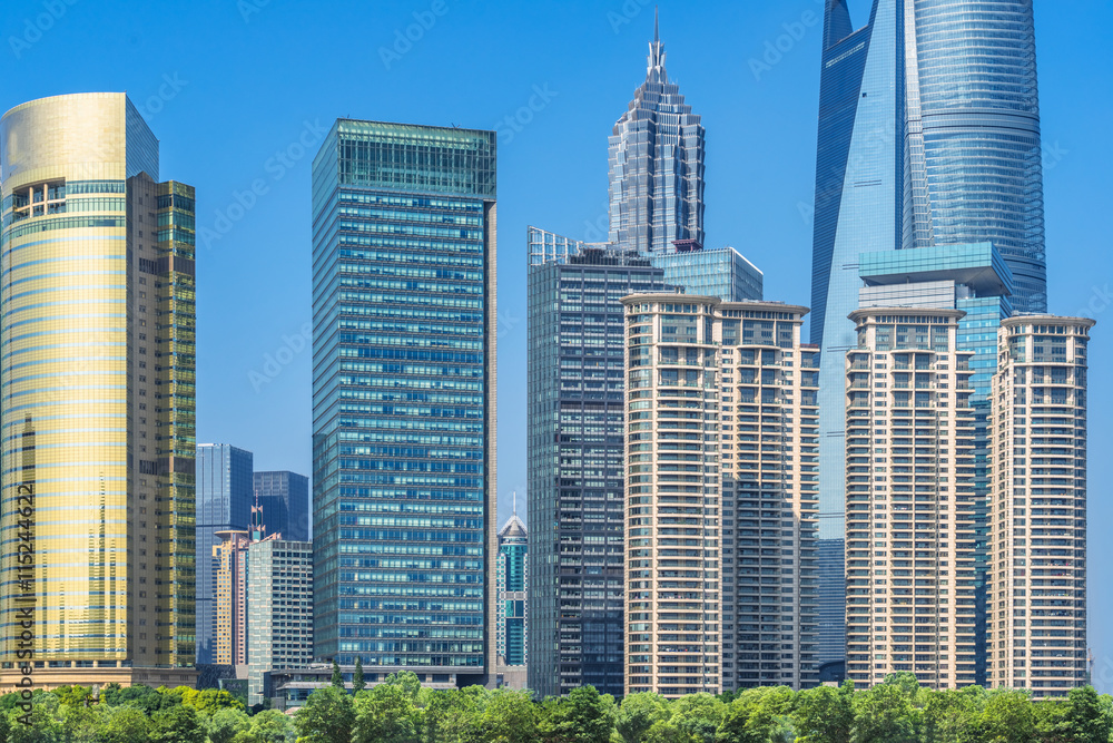 Poster modern office building with green trees