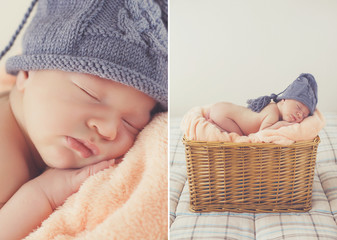 Adorable little guy,in a gray knitted cap,tucked under his legs and put the handle under his head,sound asleep on the soft beige blanket in a large wicker basket high,sweet sleeping newborn baby