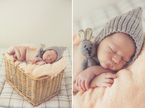 A collage of two photos-newborn baby sleep in a knitted hat:baby on a pink blanket in a knitted cap of gray,his feet tucked under him,put the stick under his cheek, hugging a toy rabbit