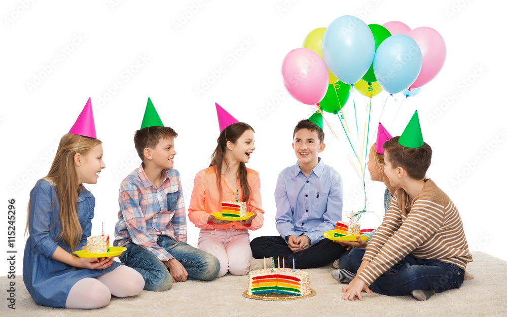 Poster happy children in party hats with birthday cake