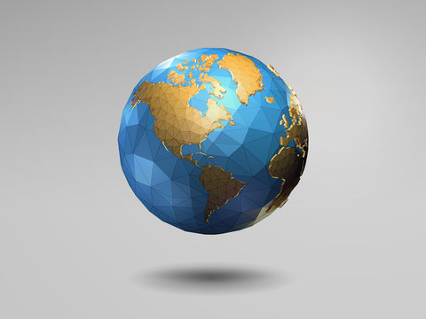 Low poly 3d shiny earth on gray background