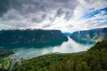 Aurlandsfjord (part of Sognefjord) against the dramatic weather sky