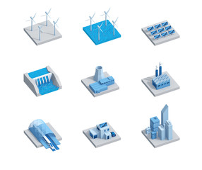 Piktogramme: Erneuerbare Energie, regenerative Energiequellen, Energieversorgung, Stadt, Infrastruktur, Industrie