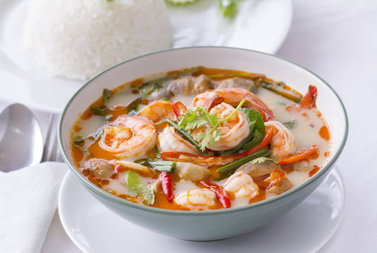 Thai Food, Tom Yam Goong, in white with steamed rice