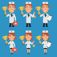 Fototapeta premium Doctor and Nurse Holding Cup and Medal