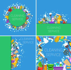 Naklejka premium set of cleaning service supplies green and blue backgrounds
