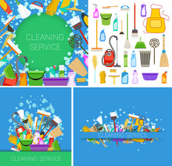 set of cleaning service supplies backgrounds. vector