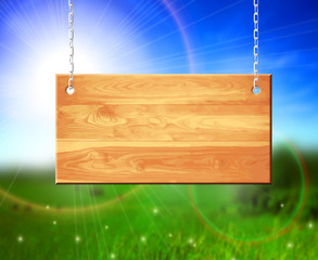 Vector hanging natural light brown wooden sign with beautiful summer calling background