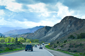 Driving on Interstate 70 from Denver to Utah passing the Rocky M