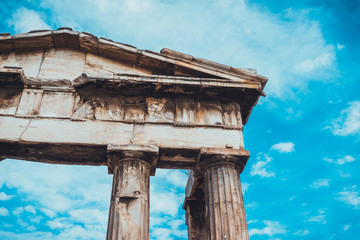 Street level view of greek temple ruins