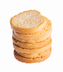 White bread croutons with salt on a white background