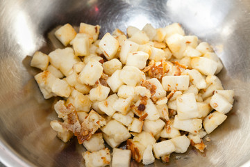 Closeup of fried paneer in ghee