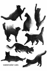 Hand drawn watercolor black cats shapes collection - 115249893