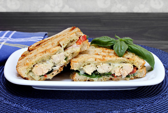 Chicken, Cheese, And Pesto Panini Sandwich.