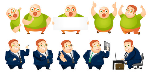 Vector set of cheerful fat man illustrations.