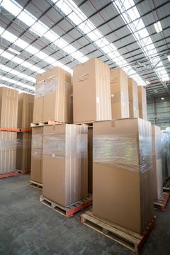 View of cardboard boxes put on pallets