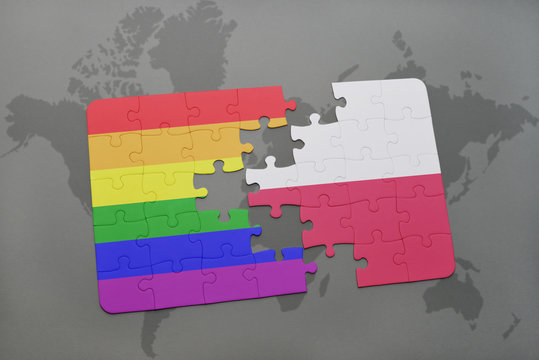 puzzle with the national flag of serbia and gay rainbow flag on a world map background.