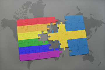 puzzle with the national flag of sweden and gay rainbow flag on a world map background.