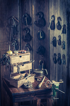 Locksmiths workshop with tools to repair