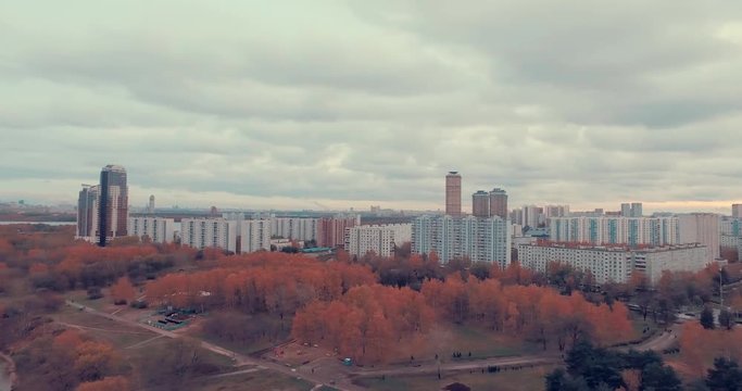 Aerial shot of golden trees on river bank during autumn season. A path or trail going along the river bank. Moscow suburbs, Strogino district, Russia.
