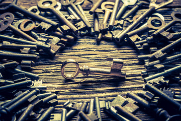 Aged locks nad keys on old wooden table