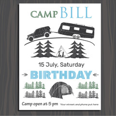 Invitation or Brochure for birthday in the camp on wood backgrou