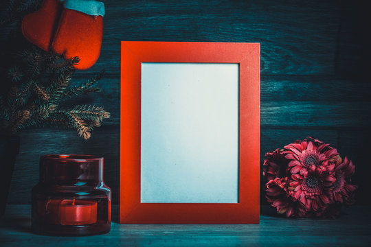 Frame and Christmas decoration. Toned photo