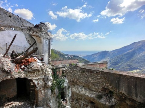 Abandoned crumbling buildings of Italian village Balestrino