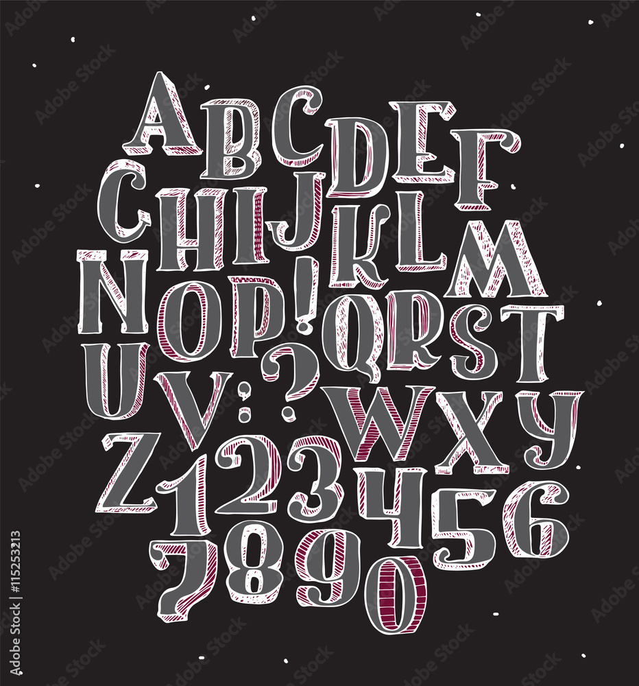 Aufkleber large collection with handdrawn alphabet with letters sequence from a to z and numbers sequence from