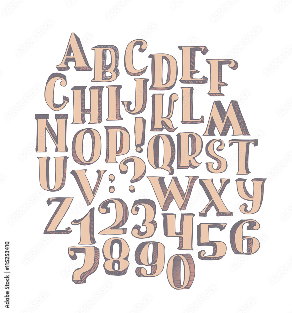 Poster Large collection with handdrawn alphabet with letters sequence from A to Z and numbers sequence from 0 to 9. Vector illustration, bright, isolated on white background, hand drawn with brush in 3d