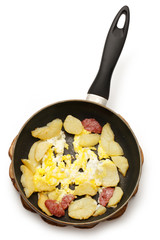 Fried potato, eggs and sausages