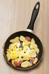 Fried potato, eggs and sausages