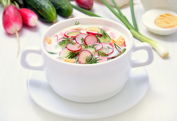 Okroshka. Yoghurt soup with radish, cucumber, and dill